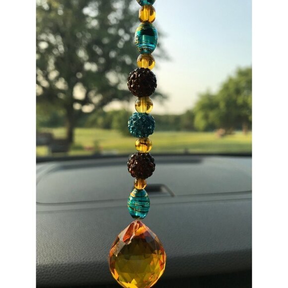 Beaded Suncatcher Car Charm Rearview Mirror Ornament TurquoiseGold Crystal Prism - Picture 4 of 10